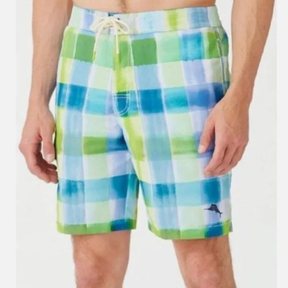Tommy Bahama Mens Blue Green Plaid Pockets Swim Trunks Plus Sz 3XL Big New